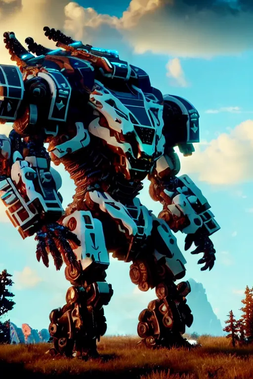 Image similar to a cinematic still from horizon zero dawn and pacific rim and westworld, full body mech, armored core, intact humanoid servo, octane render, nvidia raytracing demo, masterpiece, aged armor plating, decipticon armor plating, aggressive head, endoekeleton exposure