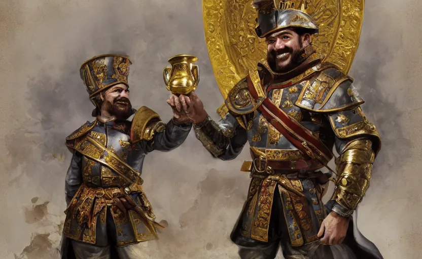 Prompt: smiling spanish conquer soldier francisco pizarro holding golden cup on a inca temple, wide view, high detailed, full perfect, symmetrical portrait, high detail, by craig mullins, peter mohrbacher, unreal engine, octane rendered, 8 k, dark beauty, trending on artstation