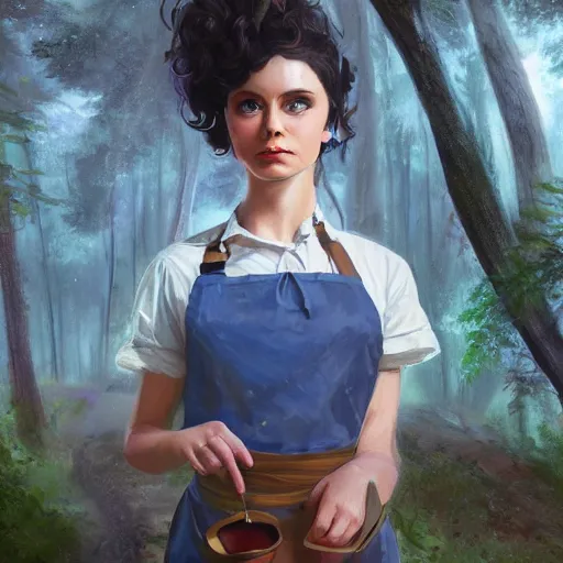 Image similar to a portrait of a 1 9 6 0 s woman with curly black hair and blue eyes, and an apron in the forest, dynamic lighting, fantasy concept art, trending on art station, stunning visuals, cinematic, ultra detailed