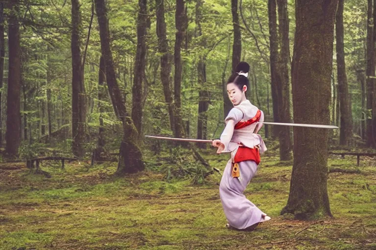 Image similar to beautiful photo of a young modern geisha samurai practising the sword in a forest, mid action swing, symmetrical face, beautiful eyes, huge oversized sword, award winning photo, muted pastels, action photography, 1 / 1 2 5 shutter speed, dramatic lighting, anime set style