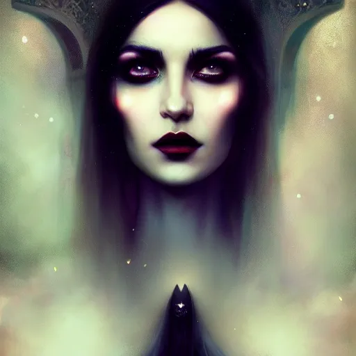 Prompt: Portrait of a riveting Arabic vampire woman!, atmospheric lighting, gothic makeup, intricate, oasis!, volumetric lighting, beautiful, starlit sky, sharp focus, ultra-detailed, by Tom Bagshaw Leesha Hannigan, Ross Tran, Thierry Doizon, Kai Carpenter, Ignacio Fernández Ríos