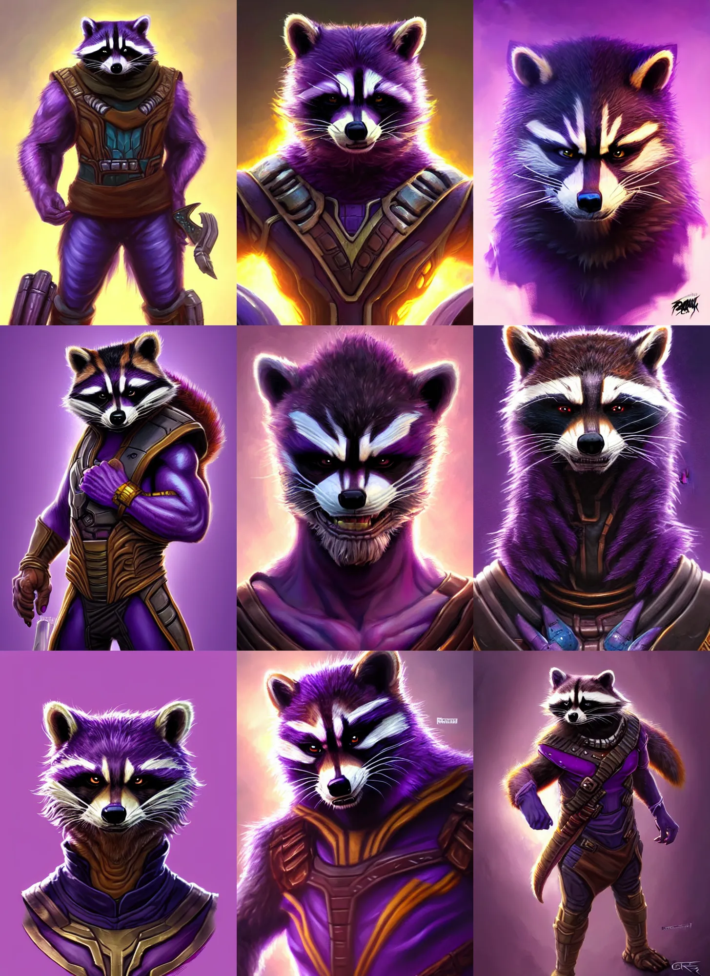 Prompt: a fantasy style portrait painting a character if rocket raccoon and thanos had a raccoon, purple skin, powerful chin, rocket raccoon style traits, painting, unreal 5, daz., rpg, portrait, extremely detailed, artgerm greg rutkowski _ greg