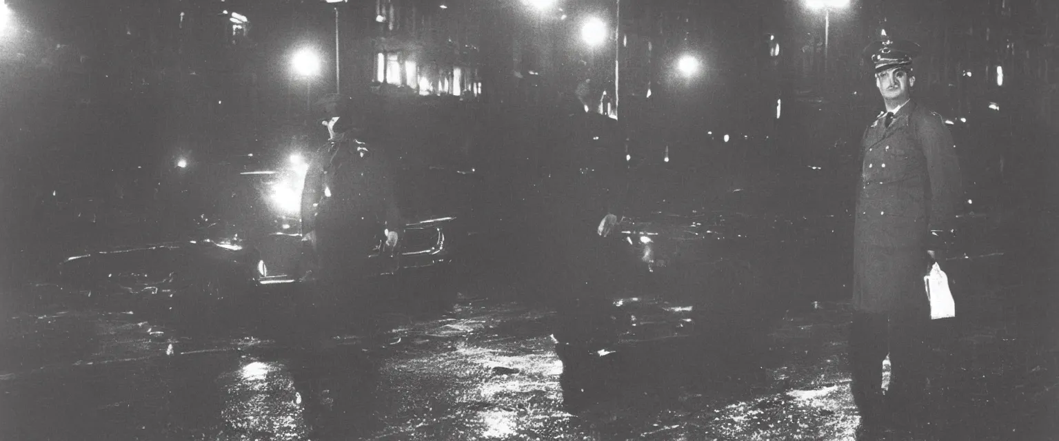 Image similar to weegee style photograph highly detailed of a a uniformed policeman circa 1 9 5 0 standing over a white body bag 1 9 5 5 police car in the rain at night lit by street lamps and headlights. behind the policeman