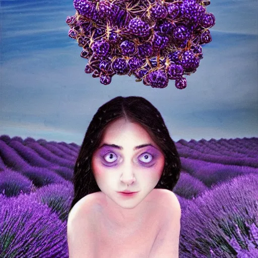 Prompt: a girl with three eyes : : on 5 translucent luminous spheres, full of floral and berry fillings, in an ocean of lavender color by rene margitte