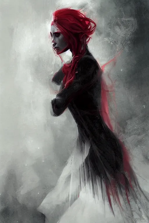 Prompt: female occultist, sweeping wild blonde hair, red eyes, portrait, high cheekbones, smug, evil, victorian, black velvet dress, dark colors, ruby jewelry, moody, nefarious, villain, crimson halo, fantasy painting by Craig Mullins and Charlie Bowater