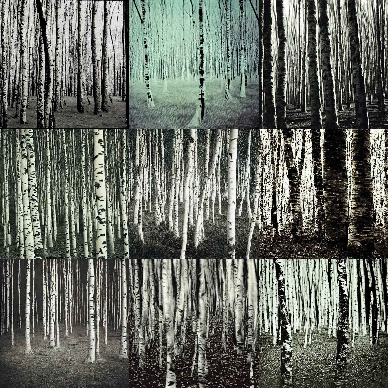 Prompt: close up portrait of death in a birch tree forest, by trent parke, overexposed, old film overlay, artifacts