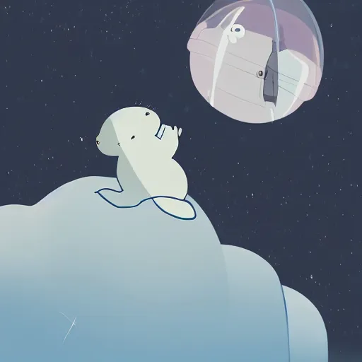 Image similar to terrified baby harp seal astronaut floating alone in deep space, black bacgkground with scattered stars, lonely, scary, atey ghailan, goro fujita, studio ghibli, ominous, dark lighting, clear focus, very coherent,