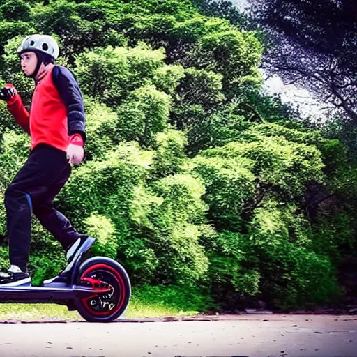 Image similar to man naruto running on electric onewheel unicycle scooter, gopro, sports action, cinematic, product image