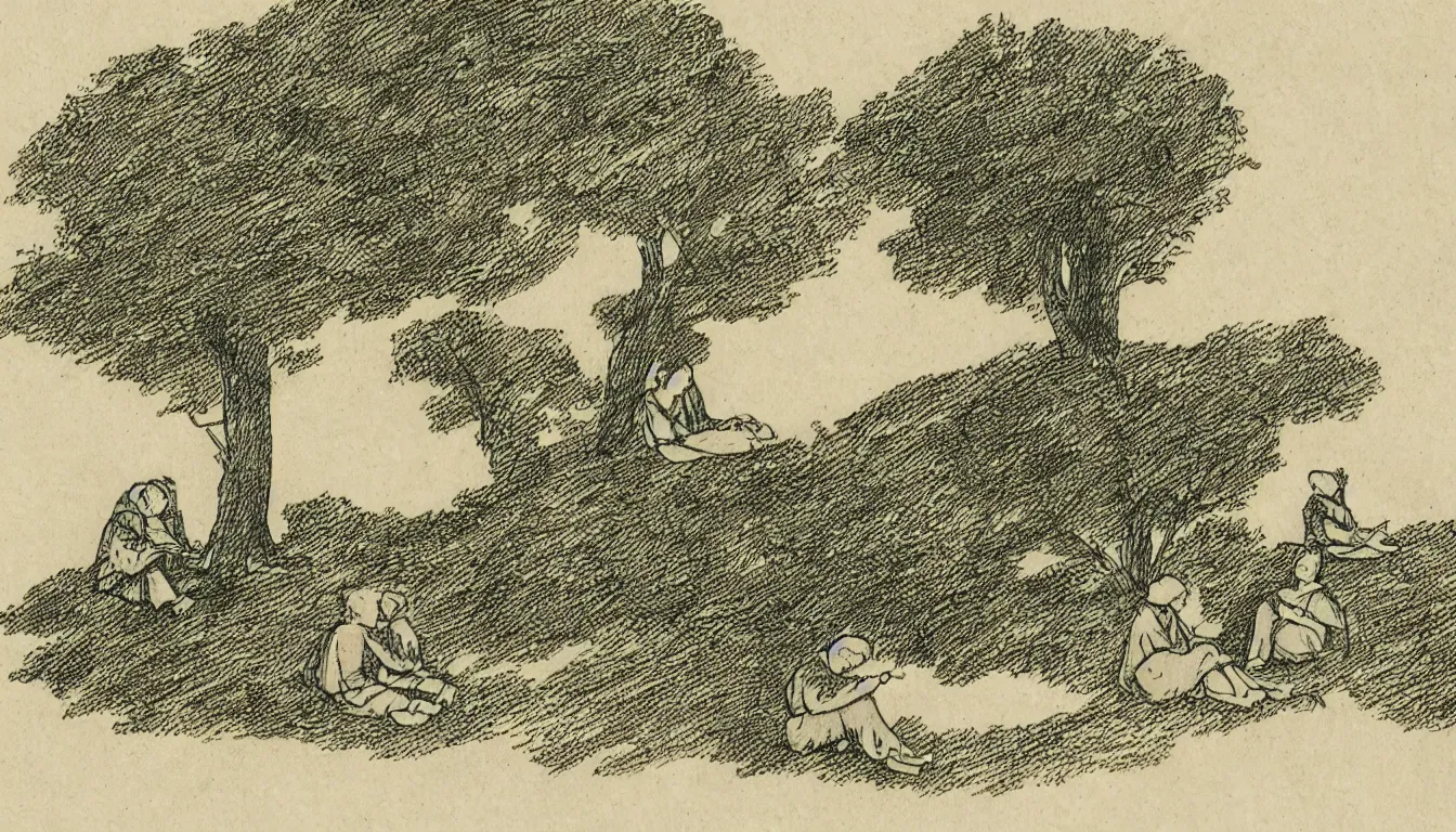 Image similar to two people sit together on a hill while wind blows in the trees, yellowed paper, pen and ink, 1 5 0 0 s, 8 k resolution