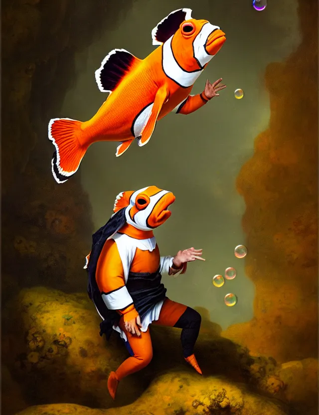 Prompt: an anthropomorphic bipedal clownfish man that is dressed as a medieval librarian, as a matte oil painting and d & d character art, by rembrandt, standing, fullbody, bubbles, seaweed, award - winning, extremely detailed, sharp focus