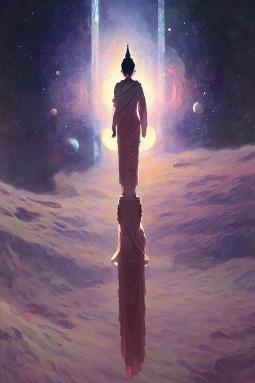 Image similar to space, buddhism, painting by greg rutkowski, artgerm, claude monet, j. c. leyendecker