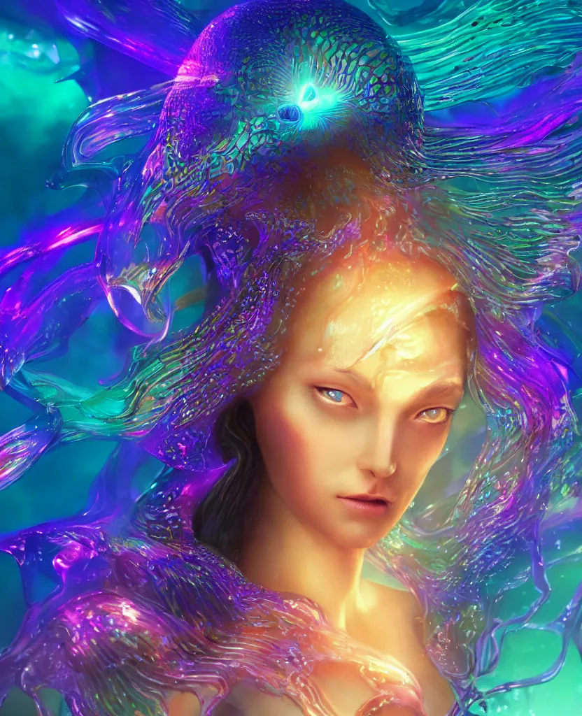 Prompt: dichroic close-up macro portrait of the face of a beautiful princess, epic angle and pose, symmetrical artwork, 3d with depth of field, blurred background, cybernetic jellyfish female face skull phoenix bird, translucent, nautilus, energy flows of water and fire. a highly detailed epic cinematic concept art CG render. made in Maya, Blender and Photoshop, octane render, excellent composition, cinematic dystopian brutalist atmosphere, dynamic dramatic cinematic lighting, aesthetic, very inspirational, arthouse. y Greg Rutkowski, Ilya Kuvshinov, WLOP, Stanley Artgerm Lau, Ruan Jia and Fenghua Zhong