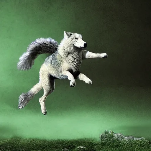 Image similar to wolf leaping over a sheep, green tone, digital art