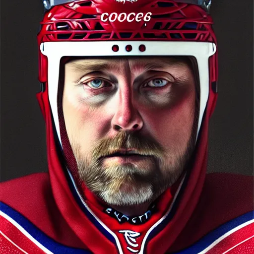 Image similar to beautiful portrait of patrick roy as a hockey coach, fantasy, intricate, elegant, highly detailed, digital painting, artstation, concept art, smooth, sharp focus, luxury fashion illustration, art by artgerm and greg rutkowski and alphonse mucha, brightly lit cinematic soft lighting, photorealistic