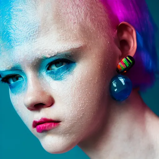 Prompt: a close - up risograph of cyberpunk albinism model girl wearing lots of transparent and cellophane accessories, light blue colors, huge earrings and queer make up, blue hour, trash style, oversaturated, hue - shifted, twilight, cool, portrait, crispy, full - shot, blue sky, kodachrome, photo by mayumi hosokura