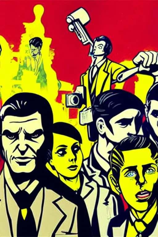 Image similar to 6 member from saints gangs wear yellow bandana, some of member have mustard. pop art, bioshock infinite art style, arstation trending, accurate, detailed, unembellished depiction of nature or of contemporary life, gta chinatown wars art style, art by richard hamilton and mimmo rottela