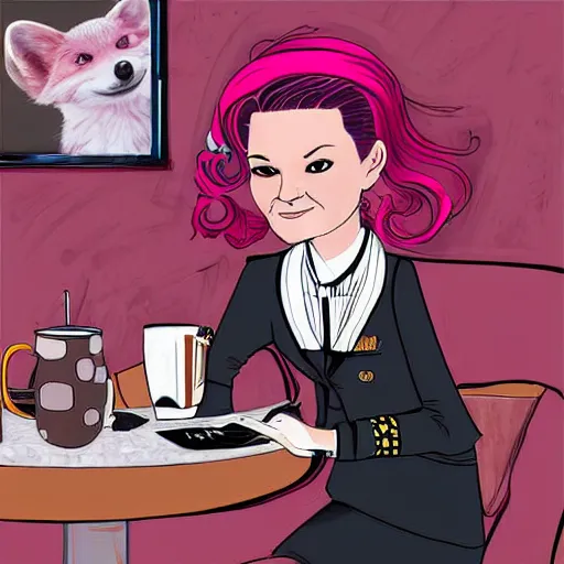 Image similar to captain janeway sharing coffee with a robotic fox with pink hair, inside a french cafe, digital art