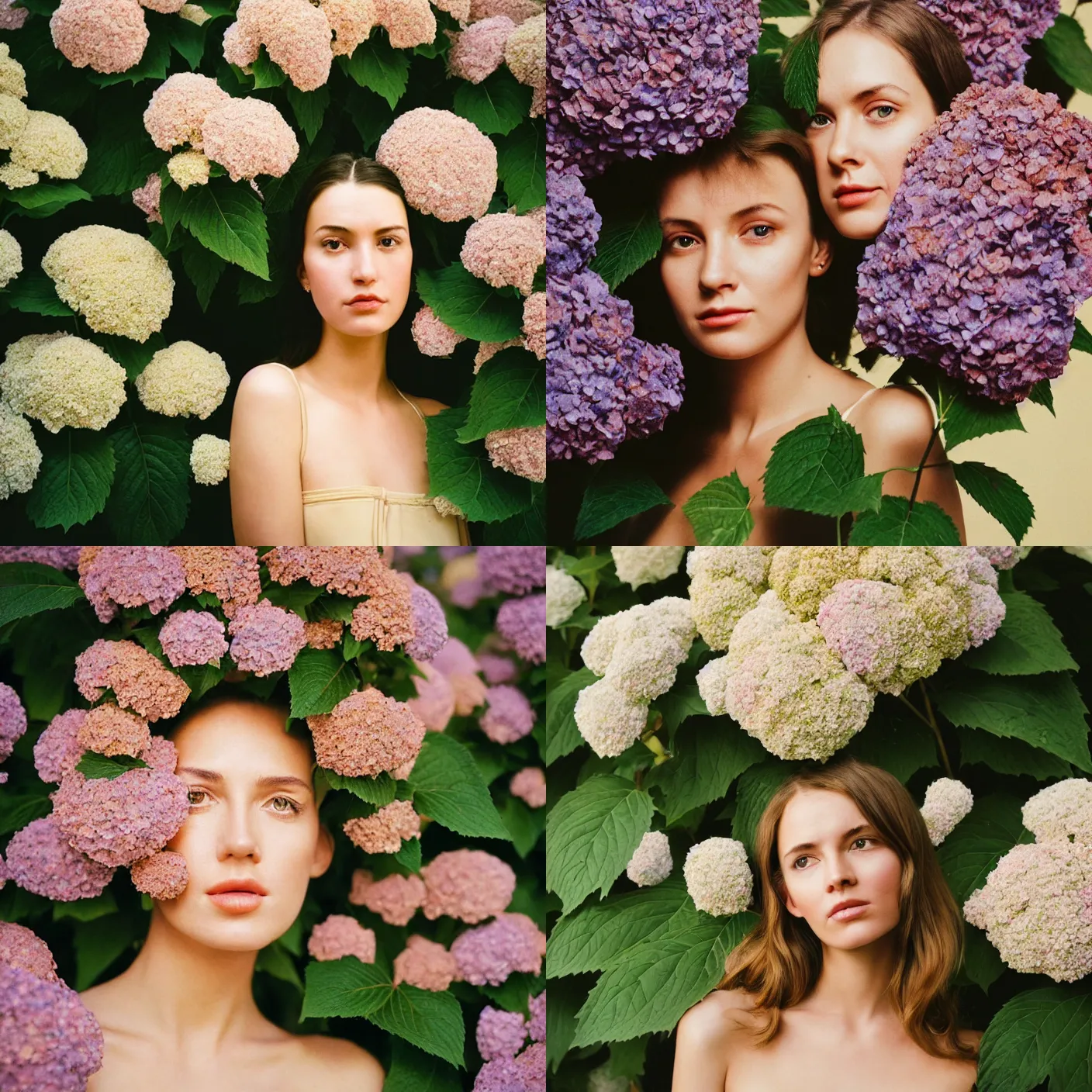 Prompt: An vintage analog head and shoulder frontal face portrait photography of a woman surrounded by various multiple giant oversized Hydrangea by Maxim Nikolaev. Kodak Portra 800 film. (Depth of field). whirl bokeh!!. Golden hour. detailed. hq. realistic. warm light. muted colors. Moody. Filmic. Dreamy. lens flare. Mamiya 7ii, f/1.2, symmetrical balance, in-frame