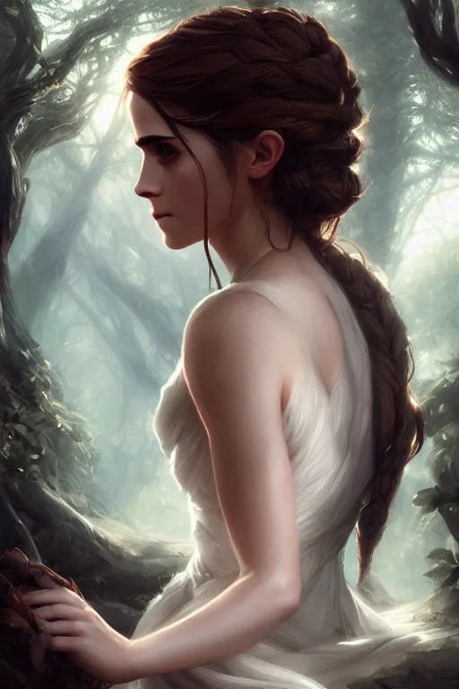 Image similar to goddess of the dark forest emma watson, highly detailed, digital painting, artstation, concept art, smooth, sharp focus, illustration, unreal engine 5, 8 k, art by artgerm and greg rutkowski and edgar maxence