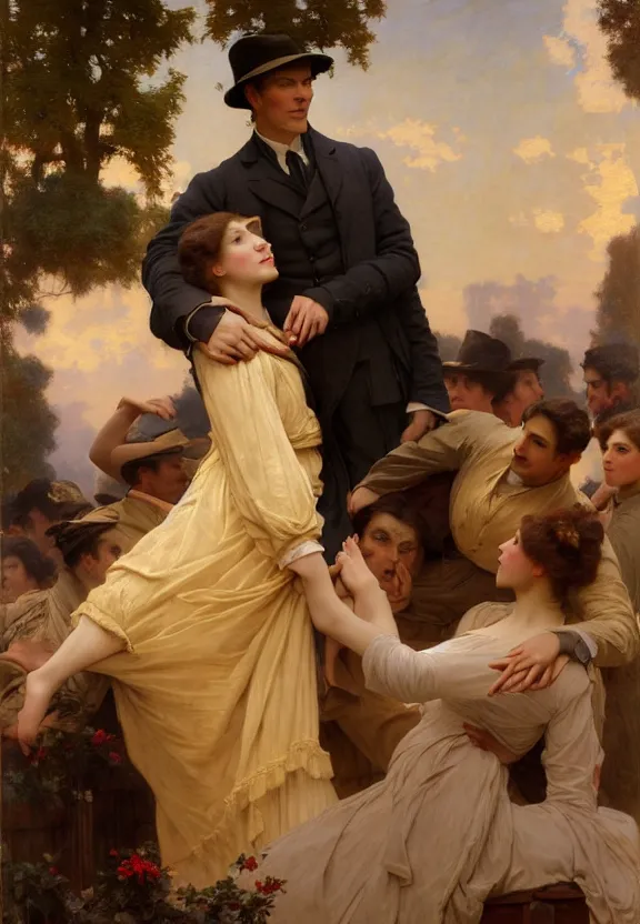 Prompt: attractive handsome fully clothed christopher tietjens confesses his love for attractive fully clothed valentine wannop. parades end. centered composition. highly detailed painting by gaston bussiere and j. c. leyendecker and william adolphe bouguereau and fra angelico and octane render, musee d'orsay 8 k