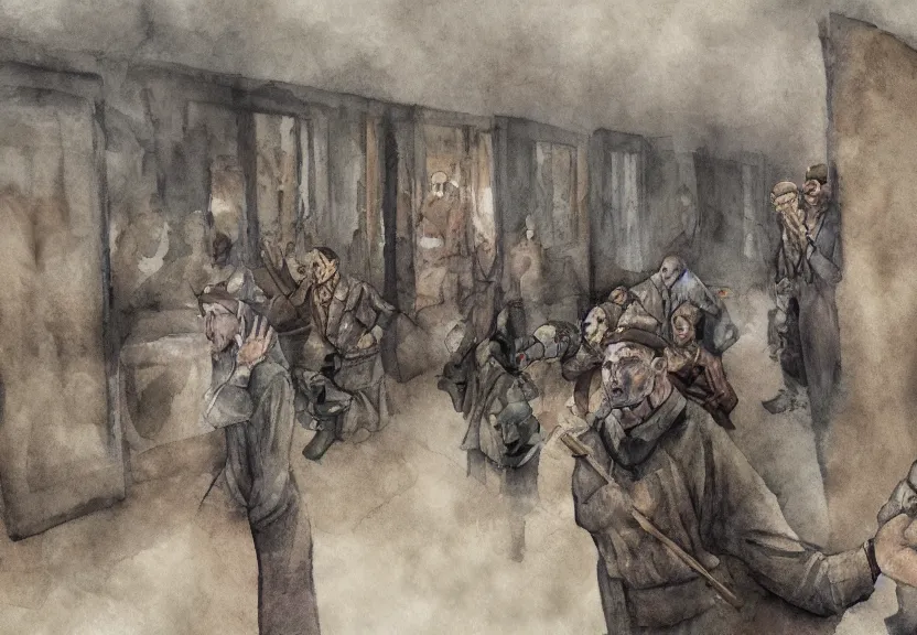 Image similar to jewish prisoners in auschwitz, dark fantasy, watercolor, dreaming illusion, highly detailed, 4 k, trending on artstation, award - winning