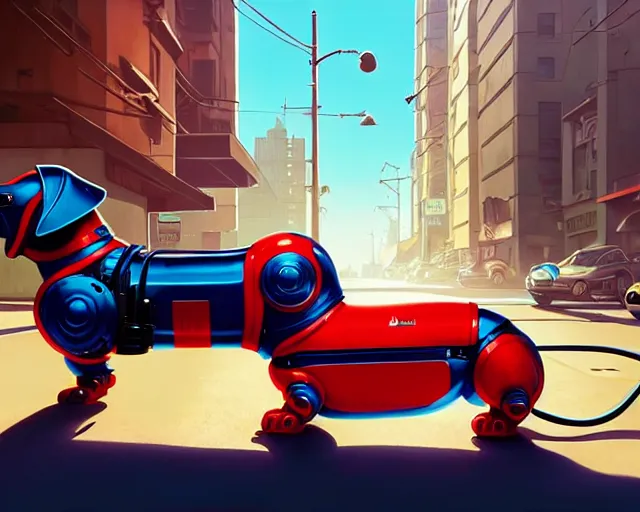 Prompt: completely mechanical robotic dachshund, hyper - realistic, gta v cover art, celshading, sharp focus, intricate, detailed, rhads, andreas rocha, makoto shinkai, lois van baarle, ilya kuvshinov, greg rutkowski, dynamic lighting, grunge aesthetic, 4 k