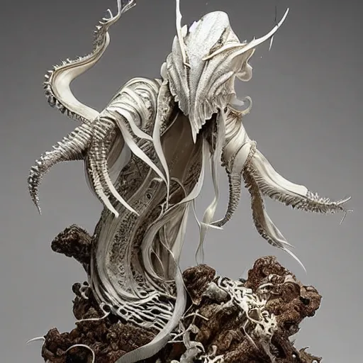 Image similar to angelarium, illithid, cthulhu, white with gold accents, sculpture by ellen jewett