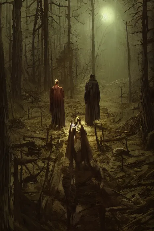 Image similar to A gang of frankensteins in the forest, horror, illustrated by Greg Rutkowski and Caspar David Friedrich., Trending on artstation, artstationHD, artstationHQ, 4k, 8k