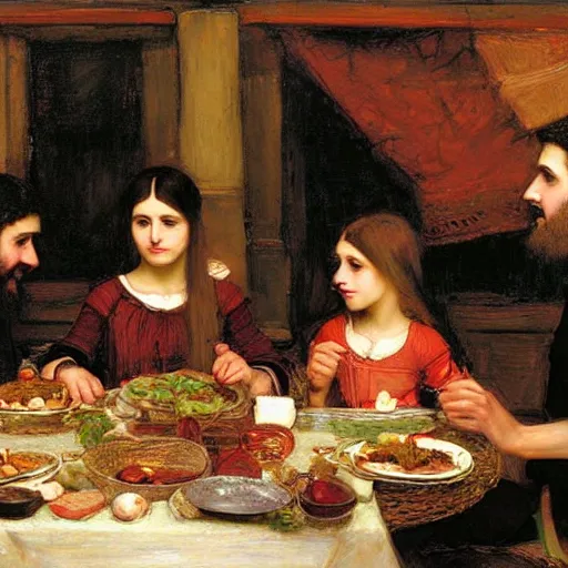 Prompt: a family eating shabbat dinner, painting in the style of john william waterhouse, highly detailed