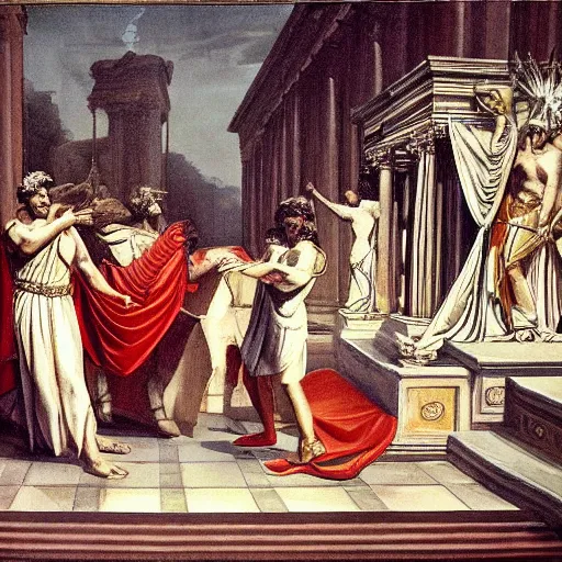 Image similar to caesar being killed by brutus on senate floor, surreal, roman architecture, roman dress style.