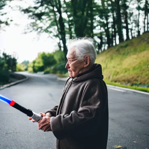 Image similar to elderly man with lightsaber, canon eos r 3, f / 1. 4, iso 2 0 0, 1 / 1 6 0 s, 8 k, raw, unedited, symmetrical balance, in - frame