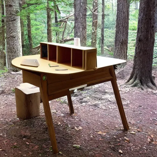 Image similar to A small desk in the middle of a forest by Hayao Miyazaki