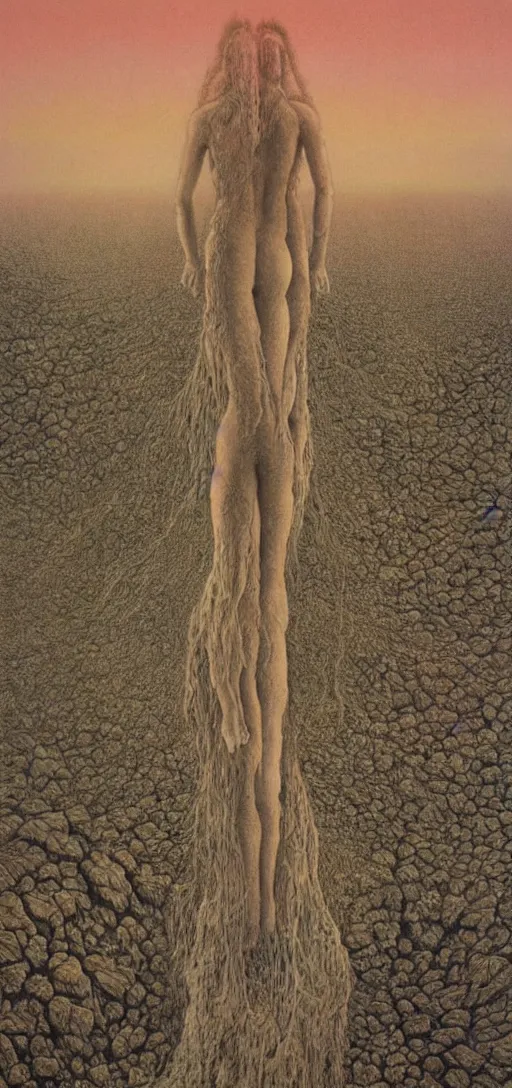 Prompt: huge detailed fractal standing in wasteland in style of zdzisław beksinski