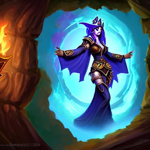 Prompt: Full body illustration of a sorceress, Hearthstone official trending art, exagerated accurate details, trending on MasterpieceStation in category 'Perfect identical eyes'