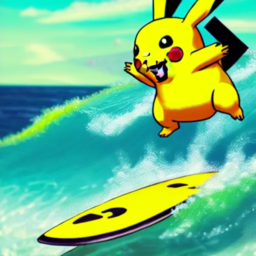 Image similar to pikachu surfing on a wave made of green slime, pokemon tcg image, trending on artstation