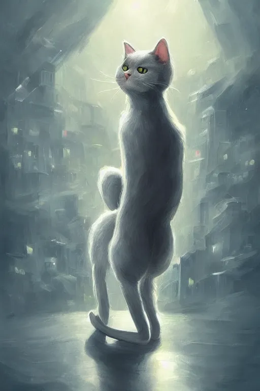 Image similar to a fullbody pose of humanoid cat, beautiful clean oil painting a anthropomorphic cat in a cats city from the top of a roof pinterest, artstation trending, behance, silver, laser light, trending on furaffinity, backlighting, cartoon, by kawacy