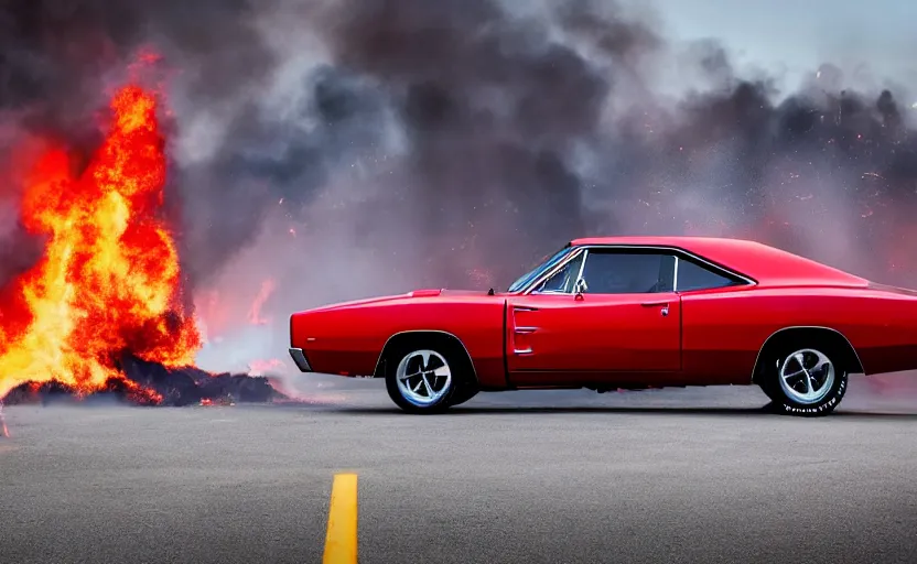 Image similar to a red 1 9 6 8 dodge charger r / tdriving high speed, fire explosion in the background, action scen. realistic. high resolution. dramatic