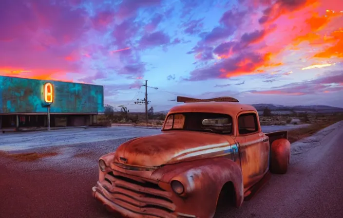 Image similar to a sunset light landscape with historical route 6 6, lots of sparkling details and sun ray ’ s, blinding backlight, smoke, volumetric lighting, colorful, octane, 3 5 mm, abandoned gas station, old rusty pickup - truck, beautiful epic colored reflections, very colorful heavenly, softlight