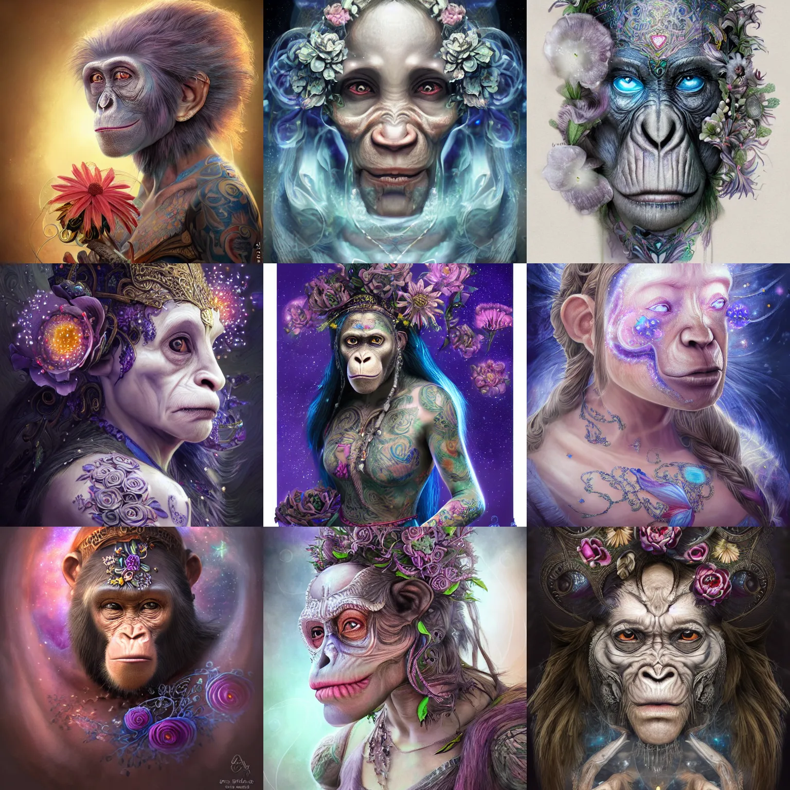 Prompt: a wlop 3 d render of very very very very highly detailed beautiful mystic portrait of a phantom mage female ape with whirling flowers and galaxy around, tattoos by anton pieck, intricate, extremely detailed, digital painting, artstation, concept art, smooth, sharp focus, illustration, intimidating lighting, incredible art,