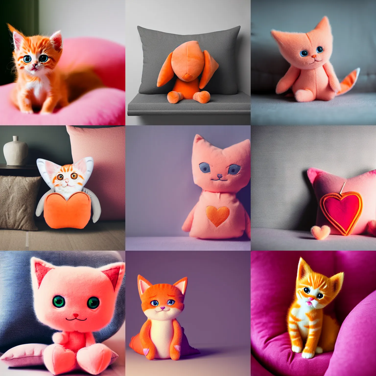 Prompt: A cute little orange kitten sits on a plush pink heart-shaped pillow, cinematic lightning, medium shot, mid-shot, highly detailed, trending on Artstation, Unreal Engine 4k, cinematic wallpaper, Digital art, octane render, unreal engine, realistic. beautiful lighting, sharp, details, hyper-detailed, HD, HDR, 4K, 8K, masterpiece, bokeh