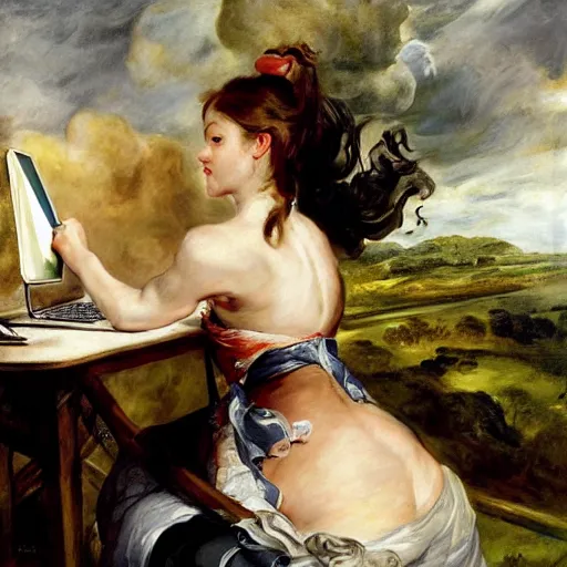 Image similar to heavenly summer sharp land sphere scallop well dressed lady working on her laptop auslese, by peter paul rubens and eugene delacroix and karol bak, hyperrealism, digital illustration, fauvist, looking at her imac laptop