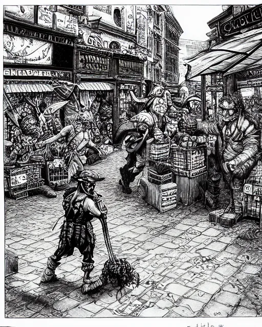 Prompt: pen and ink drawing of a goblin salesman in a busy market street, fighting fantasy style image, by steve jackson and ian livingstone, highly detailed