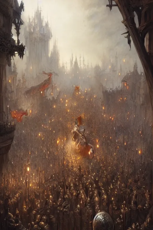 Image similar to medieval parade of knights, holiday, by wlop, by luis royo, by peter mohrbacher, concept art, digital illustration, intricate, masterpiece, elegant, super detailed, unreal engine rendering, smooth, sharp focus, artstation hq