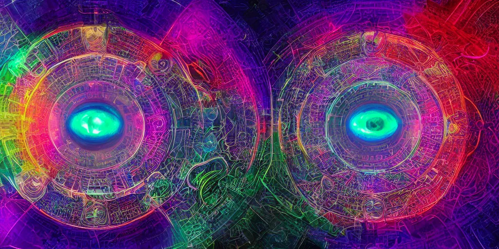 Prompt: transcendence into collaborative intelligence, endless collaboration with ai, connectedness, body, lcd, by alex grey, album cover, award winning, beautiful, colorful, volumetric lighting, trending on artstation, cinematic