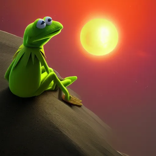 Image similar to Kermit the Frog flying straight into the Sun, Earth far behind him, hyperdetailed, artstation, cgsociety, 8k