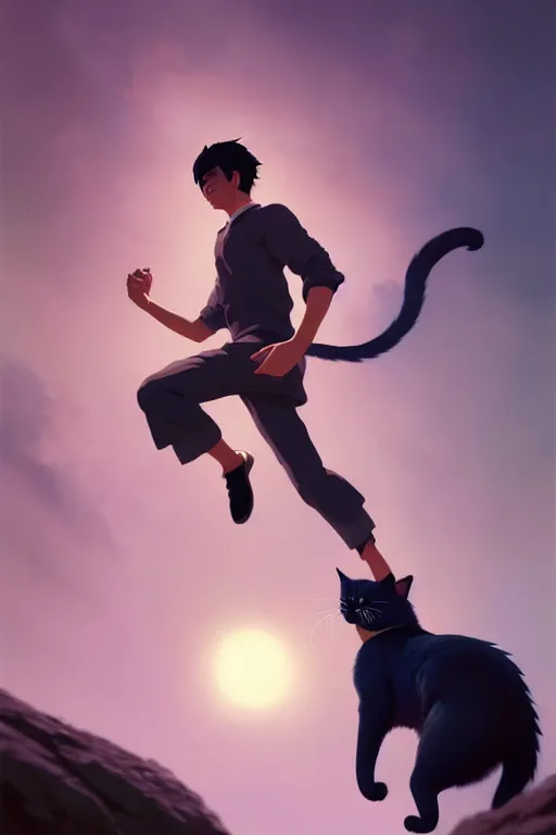 Image similar to a ultradetailed beautiful panting of a man chased by a giant cat, a very scary photo, by ilya kuvshinov, greg rutkowski and makoto shinkai, trending on artstation