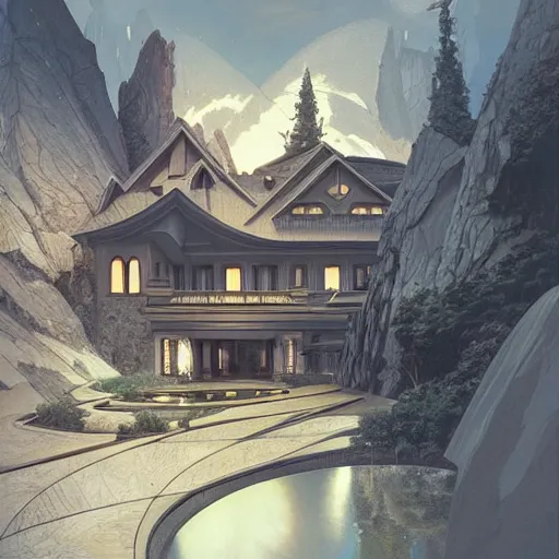 Prompt: Ultra realistic illustration of Futuristic Modern Mansion in the mountains , sci-fi, fantasy, intricate, elegant, highly detailed, digital painting, artstation, concept art, smooth, sharp focus, illustration, dramatic lighting, art by artgerm and greg rutkowski and alphonse mucha