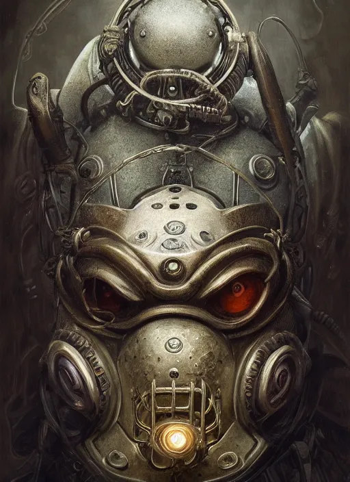 Image similar to bioshock big daddy mf doom reptile eyes, rusty skin. intricate, elegant, highly detailed, centered, digital painting, artstation, concept art, smooth, sharp focus, illustration, artgerm, tomasz alen kopera, peter mohrbacher, donato giancola, joseph christian leyendecker, wlop, frank frazetta