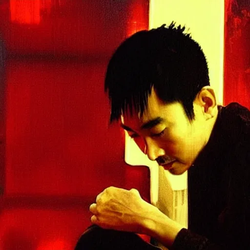 Image similar to “atmospheric painting of actor Tony Leung in scene from Wong Kar Wai movie, night, neon, noir”