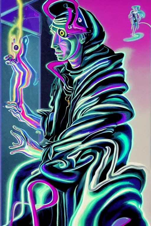 Prompt: a highly detailed beautiful masterpiece portrait painting of a technomancer wizard in dazzle camouflage robes with pointed hood facetiming his AI djinn hologram in his laboratory near a holographic super-computer by Remedios Varo and Anato Finnstark and Greg Rutkowski and Andy Warhol, dayglo pink, dayglo blue, prismatic, pearlescent white, raven black, glowing, hyperrealism, 8k, trending on ArtStation, rendered in Octane, rendered in Unreal engine, award winning, volumetric lighting
